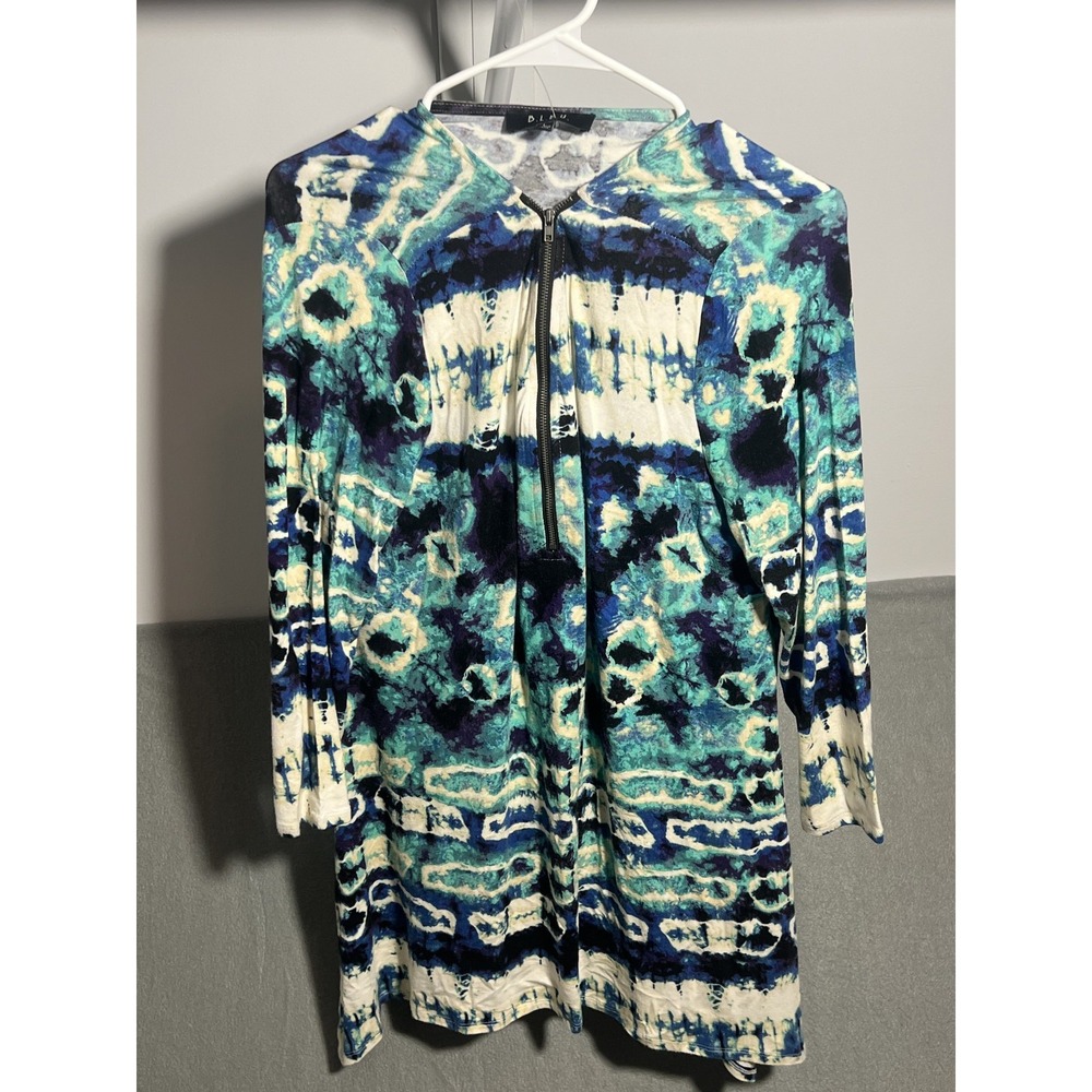 BLEU Women's Large L Tie-Dye Quarter Zip Tunic Top Blouse‎ Blue Teal White